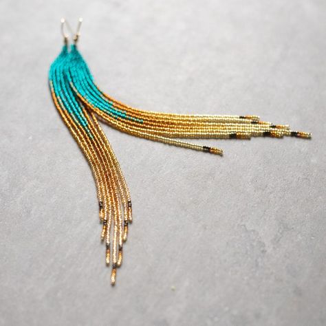 Fringe Beaded Earrings, Long Beaded Earrings, Shoulder Duster Earrings, Seed Bead Jewelry Patterns, Ombre Earrings, Gold Bead Earrings, Tauriel, Crochet Motifs, Teal And Gold