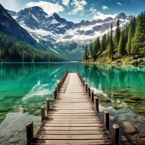 Premium AI Image | Arafed wooden bridge over a lake with mountains in the background generative ai Lake With Bridge, 2024 Dance, Bridge Background, Lake With Mountains, Mountain Background, Wooden Bridge, Dental Office, Digital Background, Beautiful Scenery