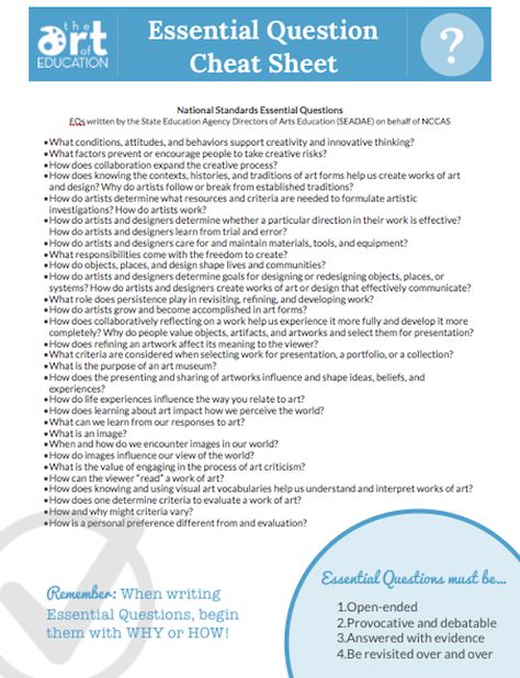 It’s time for a Pop quiz! Which of these is an essential question for the art room? A. How do the arts reflect values in a culture? B. What common symbols are found in the work of the Lascaux cave painters? If you answered A, you are right! The question is provocative, open-ended, … Art Questions For Students, Tab Classroom, Art Curriculum Planning, Art Questions, Lesson Objectives, Art Assessment, Art Rubric, Art Critique, Art Teacher Resources