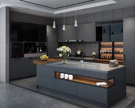 Handless Kitchen Cabinets, European Kitchen Design, Kitchen Ceiling Design, Modern Kitchen Cabinet, European Kitchen Cabinets, Modular Kitchen Cabinets, Cheap Kitchen Cabinets, Home Bar Rooms, Black Kitchen Island