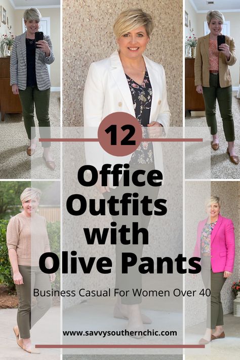 Olive green pants are a great neutral to have in your work wear. Here are 12 ways to style olive green pants outfits for the office. How To Style Olive Green Pants Work, Olive Pants Outfit Women Work, Olive Crop Pants Outfit, Work Outfit Olive Pants, Olive Green Pants Outfit Work Fall, Green Pants Business Casual Outfits, Olive Trousers Women, Peach And Olive Green Outfit, Olive Utility Pants Outfit