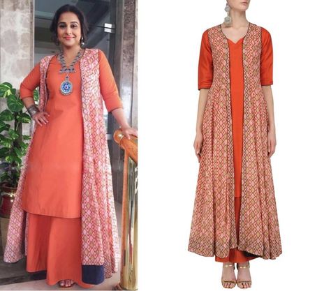 Vidya Balan keeps it simple and gracious with an Orange Kurta and Palazzo Pants and a Printed Long Jacket by Mint Blush. Perfect for a day event! Long Shrug Pattern, Phulkari Jacket, Trending Suits, Shrug Outfit, Kurta And Palazzo, Shrug For Dresses, Simple Kurti Designs, Vidya Balan, Kurta Designs Women