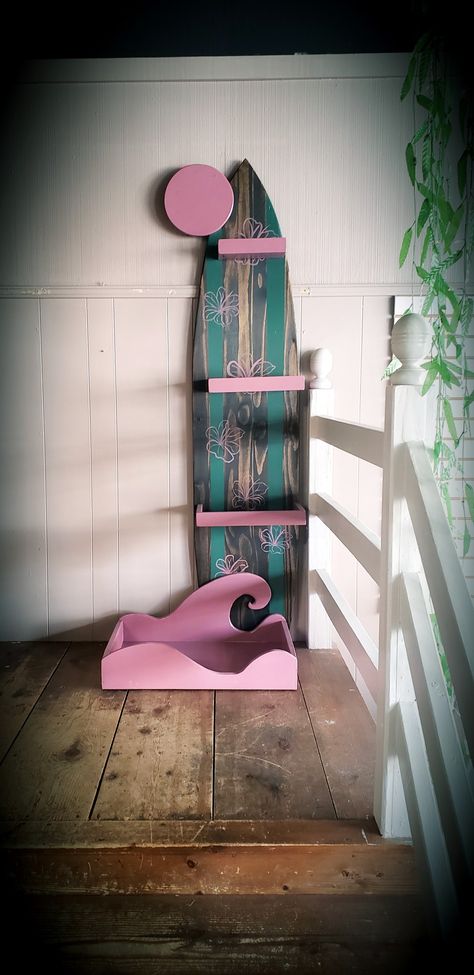 surfboard with shelves and wavy box base Surfboard Shelf, Wood Surfboard, Store Display, Surfboard, Building, Wood