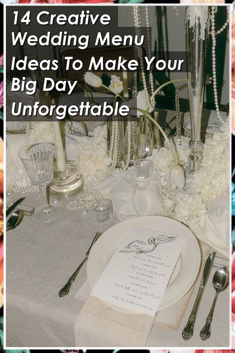 Discover 14 creative wedding menu ideas that will make your big day unforgettable! From elegant hors d'oeuvres to stunning main courses and delightful desserts, this guide offers a variety of options to impress your guests. Whether you're planning a rustic celebration or a glamorous affair, these wedding menu ideas will add a personal touch to your reception. Elevate your wedding experience and create lasting memories with these delicious inspirations! Wedding Menu Ideas, Elegant Appetizers, Main Courses, Menu Ideas, Creative Wedding, Wedding Menu, Pharmacy Gifts, Dining Experiences, Personal Touch