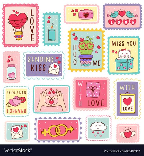 Stamp Stickers, Diy Dorm, Valentine Stamps, Valentines Illustration, Valentine's Day Printables, Valentine Stickers, Scrapbook Stickers Printable, Sticker Template, Diy Activities