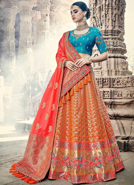 Blue and Orange Embroidered Silk Jacquard Lehenga Orange Lehenga Color Combos, Lehenga With Price, Orang India, Orange Lehenga, Choli Dress, Raw Silk Lehenga, Bollywood Lehenga, Blue Lehenga, Lehenga Style