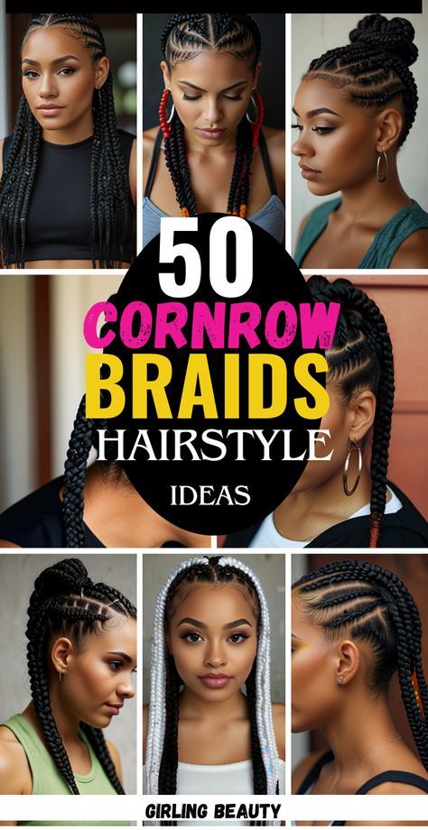 40 cornrow hairstyles ideas for women, perfect for showcasing elegance and creativity. From intricate designs to classic braided patterns, find inspiration for a stylish and versatile look. #CornrowHairstyles Women Cornrow Hairstyles Natural Hair, Black Women Cornrows Braids, Braids And Cornrows Hairstyles, Braid Colors On Dark Skin, Cornrows Ideas Braids For Black Women, Summer Cornrows Hairstyles, Cute Cornrow Ideas, Half Cornrows Half Box Braids Side Part, Simple Hair Braiding Styles