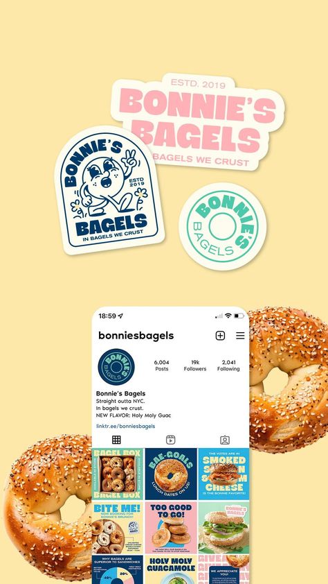 Bagel brand identity and logo #icon #silhouette #naming. Logo Moodboard Ideas, Dessert Brand Identity, Social Media Brand Identity, Sweet Shop Branding, Cookies Branding Design, Donut Brand Identity, Bagel Shop Branding, Dessert Branding Design, Cookie Brand Identity