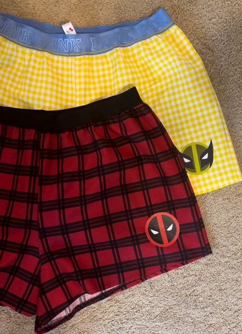 HANDMADE BOXER SHORTS!! These shorts were made shortly after the Deadpool and Wolverine movie! They are a part of a viral Tik Tok made on my account! I am now open to orders and would LOVE to make you a pair! ALL OF THESE SHORTS WILL BE MADE WITH NORMAL BLACK OR BLUE ELASTIC (NO BRAND). I am happy to make different variations, just let me know! Tik Tok Viral, Wolverine Movie, Deadpool And Wolverine, Female Boxers, Cute Boxers, Pj Shorts, Streetwear Fashion Women, Now Open, Boxer Shorts