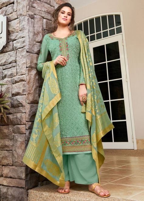 #green #stylish #palazzo #style #salwar #suit #indian #salwar #kameez #indiansuit #party #wear #collection #indianfashion #heavy #work #indiandresses Green Colour Suit Design, Pista Colour, Pista Green Colour, Sea Green Color, Indian Salwar Kameez, Salwar Suits Online, Palazzo Suit, Designer Anarkali, Pakistani Salwar Kameez