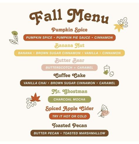 Fall Themed Coffee Drinks, Fall Coffee Menu Ideas, November Coffee Specials, Fall Drink Ideas Coffee, September Coffee Drinks, Cookie Trailer, Herbalife Coffee, Fall Coffee Flavors, Underground Cafe