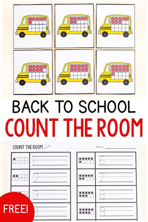 A free back to school theme count the room activity for your math centers in preschool, kindergarten and first grade. Count The Room, Fun Worksheets For Kids, Number Sense Activities, Math Centers Kindergarten, Math Writing, Free Preschool Printables, Write The Room, Back To School Crafts, Kindergarten Math Activities