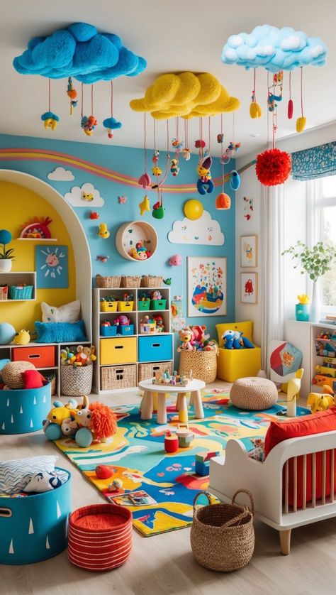 Storage For Toys In Bedroom, Small Playroom Layout Ideas, Toys Decoration Ideas, Baby Toys Organization Ideas, Home Daycare Playground, Best Toy Storage Ideas, Colorful Kids Playroom, Baby Playroom Ideas Small Spaces, Organization Ideas For Kids Room