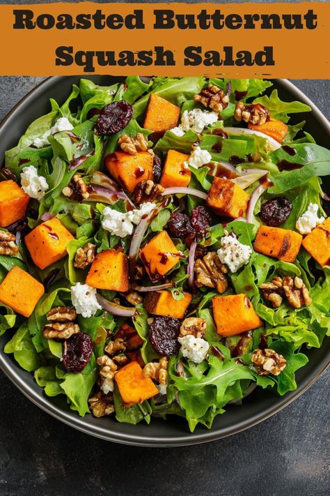 This stunning roasted butternut squash salad is chock-full of seasonal ingredients, perfect for the holidays and casual get-togethers alike! Winter Vegetable Salad With Butternut Squash, Butternut Squash Salad Recipes Healthy, Roasted Butternut Salad Recipes, Fall Harvest Salad Butternut Squash, Winter Salad Recipes Butternut Squash, Roasted Acorn Squash Salad, Fall Salad With Butternut Squash, Butter Squash Salad, Roasted Brussel Sprouts And Butternut Squash Salad