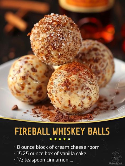 Fireball Whiskey Balls No Bake, Whiskey Cake Pops, Fireball Whiskey Cookies, Recipes Using Fireball Whiskey, Fireball Cake Balls, Homemade Fireball Whiskey, Fireball Balls Recipe, Fireball Cookie Recipes, Fireball Balls