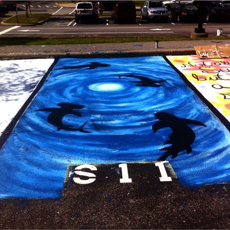 #seniorparkingspot #seniorparking #sharks #parkingspot #paintedparkingspot Shark Senior Parking Spot, 2enior Ye4r, Parking Spot Painting, Spot Painting, Parking Spot, Senior Year, Sharks, Otters, Starry Night