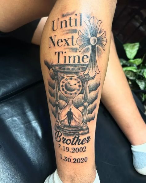 Tattoo Idea For Lost Loved One Men, Rip Tattoo Ideas For Brother, Memorial Tattoo Ideas For Boyfriend, Rip My Brother Tattoo, Haven Tattoo Ideas, Rip Tattoo For Brother, Army Memorial Tattoo Grandpa, Leg Memorial Tattoo, Rip Tattoo For Best Friend