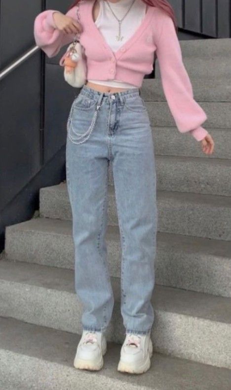 Fem Outfits With Pants, Pink Pastel Outfit Aesthetic, Kawaii Outfit Ideas Casual, Kawaii Outfit Jeans, Soft Core Outfits Aesthetic, Kawaii Outfit With Pants, Kawaii Jeans Outfit, Kawaii Outfits Pants, Pink Kawaii Outfits Aesthetic