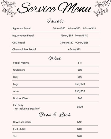 So excited to finally announce the opening of my salon suite this Friday! This will be my service menu, all new clients will receive 35% off discount on any service! Any questions please DM 😊 - - - - - - - #esthetician #skin #skincare #dallas #dfw #facial #wax #explore #explorepage✨ #salon Esthetician Booking Policy, Esthetician Must Have, Esthetician Basics, Esthetician Goal Board, Esthetician Menu Of Services, Esthetician Services List, Esthetician Study Notes, Esthetician Must Haves, Esthetician Notes