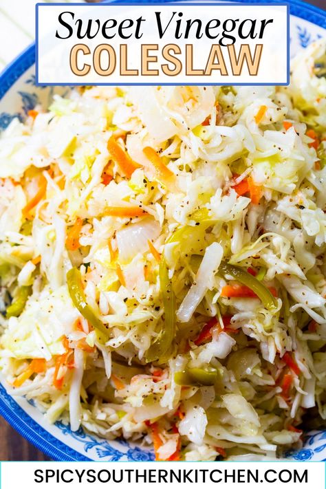 Sweet Vinegar Coleslaw is a sweet and tangy non-mayo based coleslaw that makes a great addition to any bbq or picnic. I think it is my very favorite coleslaw recipe. It has a pickled taste to it which I love. Bbq Slaw Recipe Vinegar, Vinegar Coleslaw Recipe Pulled Pork, Pickled Slaw Recipes, Slaw Dressing Recipe Vinegar, Applebee's Coleslaw Recipe, Cole Slaw Recipe Vinegar Mayo, Sides To Go With Bbq Chicken, Cole Slaw Bag Mix Recipes, Indian Coleslaw