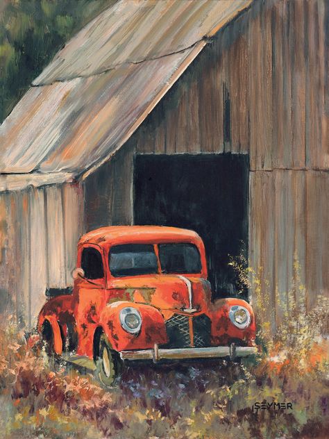 Old car painting for farm decor. It is a Ford pickup red car in a barn painting perfect for farm decor, rustic decor, or vintage truck decor. 🍁 DETAILS: ● This is an ORIGINAL OIL PAINTING on a wood panel. ● Title: 'Time marches on'. ● 100 % hand painted, not a print. ● It is PAINTED TO ORDER in the chosen dimensions. * Your painting will be a very similar but unique recreation of the original design, the one in the pictures. ● FRAMED (3 frame colors to choose from: brown, black or white). * It Vintage Truck Decor, Shroom Art, Farm Wall Decor, Truck Decor, Barn Pictures, Farm Paintings, Barn Painting, Barn Art, Old Truck