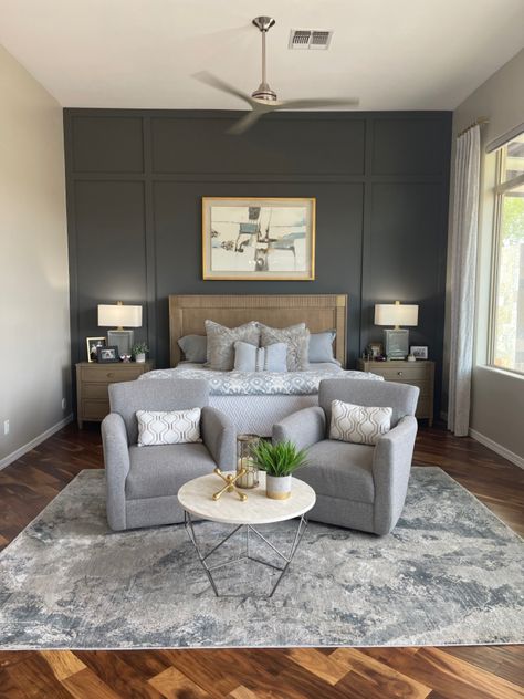 Gauntlet Gray Accent Wall Master Bedrooms, Peppercorn Bedroom Accent Wall, Charcoal Master Bedrooms Decor, Dark Focal Wall Bedroom, Charcoal Feature Wall Bedroom, Board And Batten Wall Iron Ore, Iron Ore Master Accent Wall, Sw Peppercorn Accent Wall Bedroom, Iron Ore Accent Wall Master Bedrooms