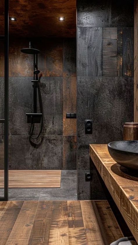 Slate Wall Bathroom, Masculine Bathroom, Dekorere Bad, Dark Bathrooms, Rustic Bathroom Designs, Stil Industrial, Rustic Bathroom Decor, Bathroom Design Decor, Rustic Bathrooms