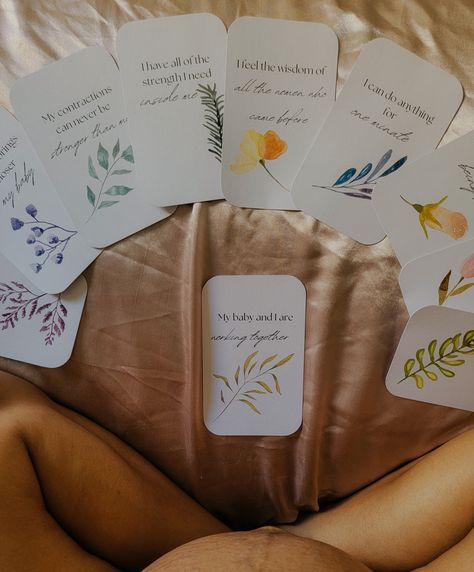 This affirmation deck is the perfect gift for the mindful new mom. Help expecting moms prepare for birth by gifting this labor affirmation deck. Simple and powerful, these botanical affirmation cards will help you trust the process and stay grounded through your labor. Using affirmations is a great way to return to calm, and achieve the empowered birth you want. This deck of 25 3.5x5.75" affirmation cards comes in a hand-stamped, reusable muslin bag. Each card has a unique affirmation on it and Labor Affirmation Cards, Diy Birth Affirmation Cards, Birthing Affirmations, Prepare For Birth, Birth Affirmation Cards, Manifestation Cards, Affirmation Deck, Doula Business, Birth Affirmations