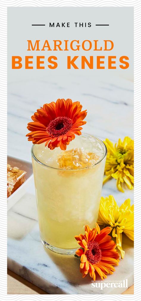 This cocktail combines marigold-infused vodka with honey, bee pollen, lemon juice and rose water. Marigold petals impart a subtle floral flavor to the vodka, as well as a glowing, yellow hue. Shaken and served over crushed ice with a garnish of marigold petals and a piece of honeycomb, this cocktail is the essence of flower power. #vodka #cocktails #cocktailrecipes Marigold Cocktail, Honey Bee Pollen, Liquor Recipes, Pretty Cocktails, Pink Wedding Inspiration, Tasty Drinks, Happy Hour Cocktails, Spring Cocktails, Easy Clean Eating