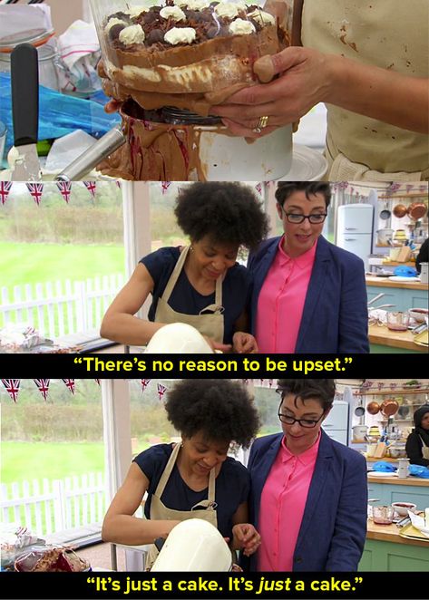 Who could forget when Dorret’s bake melted last year and Sue said: “It’s just a cake. It’s just a cake?” | Mel And Sue Comforting "GBBO" Bakers Is One Reason Why We Will Miss Them Bake Off Funny, Mel And Sue, Anna Richardson, Cooking Meme, British Baking Show Recipes, Sue Perkins, English Humor, Baking Humor, Big Blue House