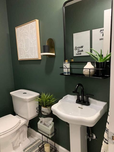 Check out these small bathroom organization ideas. These are perfect if you have a pedestal sink in your bathroom. #organization #bathroom Forest Green Toilet Room, Green Nature Bathroom, Dark Green Bathroom No Windows, Bright Green Bathroom Ideas, Green Black And Gold Bathroom, Hunter Green Bathroom Ideas, Forest Green Bathroom Ideas, Dark Green Bathroom Walls, Decadent Bathroom