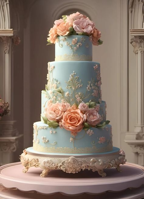 Storybook Vintage 4-tier Wedding Cake In Pale Blue - AI Generated Artwork - NightCafe Creator Vintage Bday Cake, Pink And Blue Wedding Cake, Edible Cupcakes, Pink And Blue Wedding, 2 Tier Wedding Cakes, 4 Tier Wedding Cake, Extravagant Wedding Cakes, Blue Wedding Cake, Wedding Cake Display