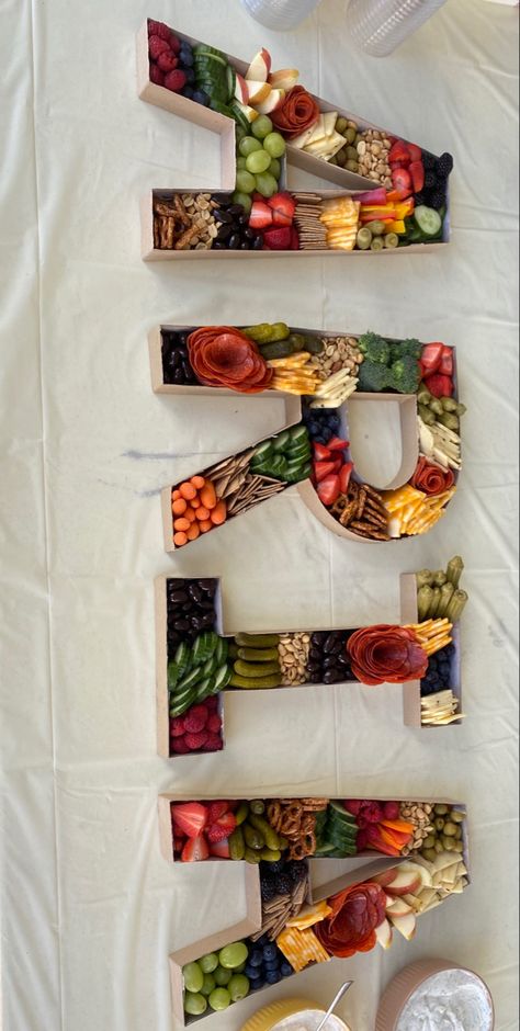 Letter With Food Inside, Food In Letters, Letter Fruit Platter, Name Charcuterie Board Letters, Charcuterie With Letters, Number Food Platter, Letter Shaped Charcuterie Board, Letter Fruit Tray, Cardboard Letters Filled With Food