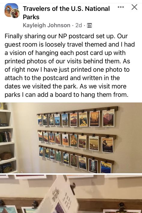 Family Adventure Photo Wall, National Parks Gallery Wall, Displaying Postcards On Wall, National Park Postcards Display, National Park Memory Ideas, Displaying Travel Photos, National Park Bedroom Decor, National Park Gallery Wall, National Park Map Display