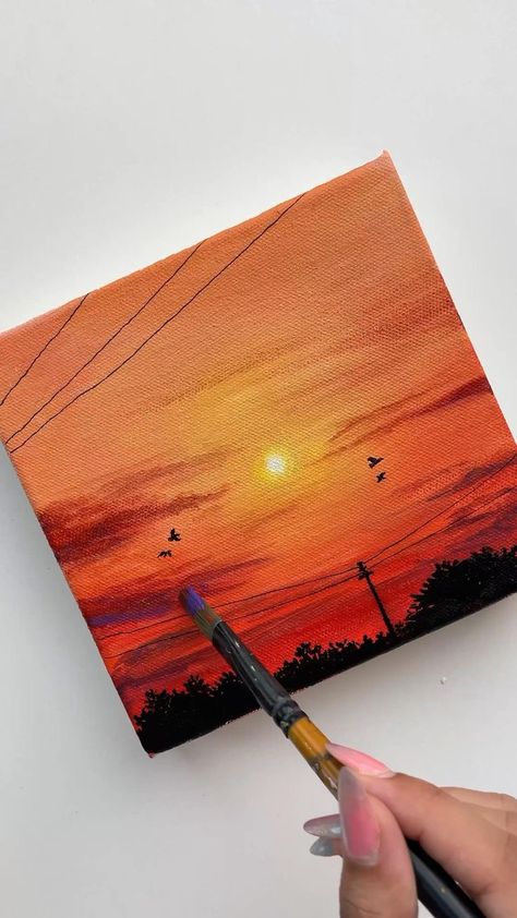 Aesthetic Painting Sunset, Golden Hour Painting Easy, Mini Square Canvas Paintings Easy, Acrylic Painting Canvas Sunset, Mini Canvas Sunset Paintings, Easy Painting Ideas On Canvas Aesthetic Sunset, How To Paint The Sun, Easy Paintings Sunset, Beautiful Sunset Paintings