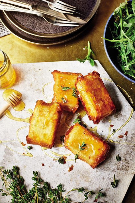 Sabrina Ghayour’s fried feta parcels with honey recipe - YOU Magazine Fried Feta, Crostini Toppings, Crispy Chickpeas, Natural Yogurt, Honey Recipes, Roasted Peppers, Inspired Recipes, Buckwheat, Recipe Collection