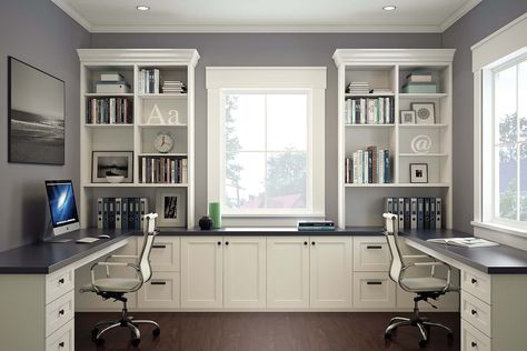 Custom Home Office Ideas | Organized Interiors Home Office With Two Desks, Office With Two Desks, Office For Two, Home Office Built Ins, Home Office Layouts, Mesa Home Office, Office Built Ins, Office Remodel, Office Layout