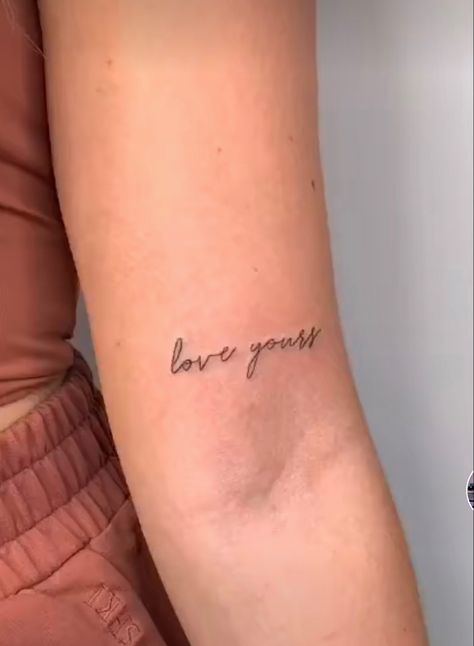 Born Bad Tattoo, Love Yours Tattoo Red Ink, Love Yourz Tatoos, Love Yourz J Cole Tattoo Arm, Love Yourz J Cole Tattoo Red, J Cole Tattoos Ideas, Love Yours In Cursive Tattoo, Love Your Tattoo J Cole Font, Adore Me Tattoo