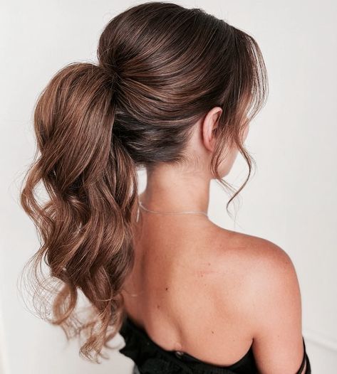 Fancy Wedding Ponytail, Updos For Medium Length Hair Ponytail, Mid Ponytail Wedding Hair, Ponytail Updo For Wedding, Homecoming Hair Updos Ponytail, Ponytail For Wedding Bridesmaid, Brids Mades Hair Styles Ponytail, Messy Ponytail Bridesmaid, Hairstyles Ponytail Wedding