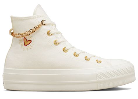 Converse Chuck Taylor AllStar Platform Gold Chain Sneakers in Egret/Thriftshop Yellow Tenis Aesthetic, Gold Converse, Aesthetic Converse, White And Gold Shoes, Converse Gold, Heart Platforms, Pretty Sneakers, Chuck Taylor All Star Lift, Style Converse