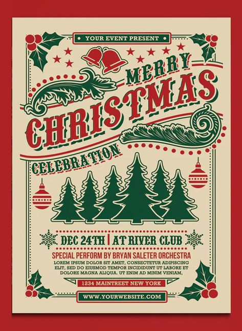 Christmas Celebration Flyer Template PSD Christmas Poster Design, Christmas Party Poster, Christmas Graphic Design, Lizzie Hearts, Christmas Typography, Christmas Flyer, Christmas Concert, Illustration Noel, Holiday Poster