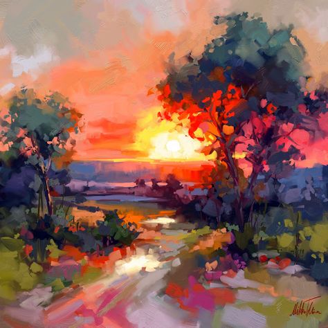 Gorgeous landscape painted in digital medium in Artrage Vitae app. Colorful painting of summer landscape. In this blog post you also find a digital puzzle game. Impressionist Paintings Landscape, Beautiful Paintings Of Nature, Oil Pastel Landscape, Peisaj Abstract, Canvas Art Painting Acrylic, Pastel Sunset, Sunset Beautiful, Digital Oil Painting, Landscape Art Painting