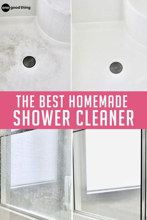 This ultimate diy shower cleaner cuts through scum and hardwater spots better than anything! Jet Dry Shower Cleaner, Wet And Forget Shower Cleaner, Shower Cleaner Dawn And Vinegar Peroxide, Shower Head Cleaner Diy, Shower Cleaner Heavy Duty, Fiberglass Shower Cleaner, Shower Cleaner Dawn And Vinegar, Shower Cleaner Recipe, Homemade Shower Spray