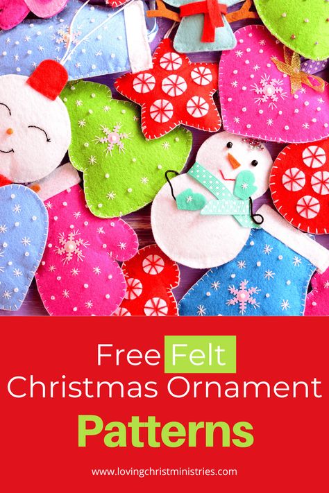 Explore 31 creative and easy-to-follow free felt Christmas ornament patterns perfect for a women's ministry group or any crafting community. #womensministry #feltornaments #christmascrafts Cute Easy Christmas Ornaments, Snowman Felt Patterns Free Printable, Felt Christmas Sewing Patterns, Fabric Christmas Ornaments Diy Scrap, Free Felt Patterns Printables Christmas, Felt Christmas Tree Ornaments Templates, Material Christmas Ornaments, Felt Owls Pattern Free, Felt Christmas Ornaments Free Patterns