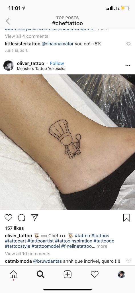 Chef tattoo Chef Tatoos Culinary Tattoos Small, Food Sleeve Tattoo, Chefs Hat Tattoo, Chef Tattoo Ideas For Women, Simple Chef Tattoo, Matching Chef Tattoos, Food Inspired Tattoos, Mini Food Tattoos, Cute Chef Tattoo