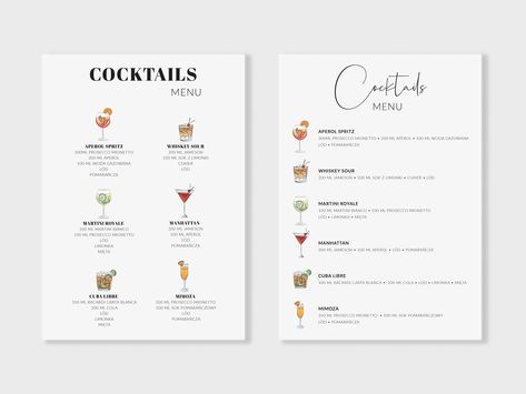 Drinks Menu Design, Cocktail Menu Design, Aperitivo Bar, Hosting Era, Signature Cocktail Menu, Drink Menu Design, Original Wedding Invitations, Cocktail Sign, Illustrated Wedding Invitations