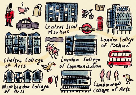 Illustration of UAL 6 Colleges - Central Saint Martins, London College of Fashion, London College of Communication, Camberwell College of Arts, Chelsea College of Arts, Wimbledon College of Arts. London College Of Communication, Ual Central Saint Martins, Ual London College Of Fashion, Ual London, Mind Dump, Camberwell College Of Arts, Fashion London, London College, London College Of Fashion