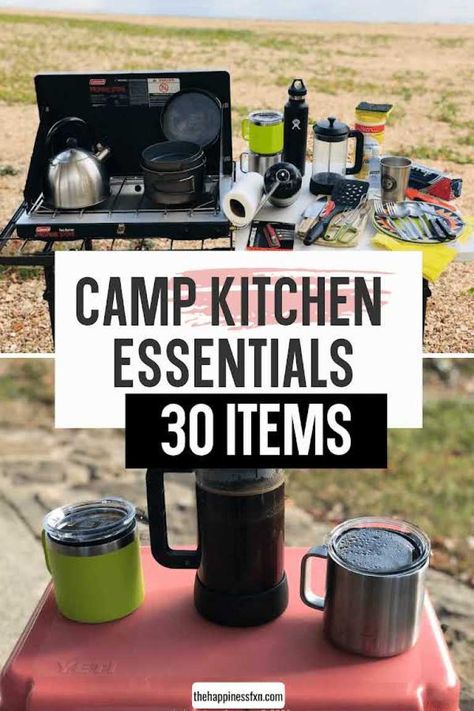 Check out these 30 camp kitchen items for the ultimate camp kitchen | Camp Kitchen Essentials | Car Camping | mobile camp kitchen | camp kitchen | outdoor kitchen | camp food | outdoor meals | the ultimate camping kitchen gear | camping kitchen Camping Kitchen Set Up, Vanlife Ideas, Minivan Conversion, Rv Meals, Boondocking Camping, Camping Cooking Gear, Rv Cooking, Camper Cushions, Food Outdoor