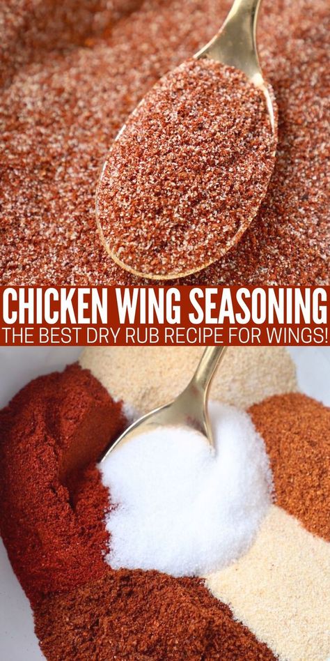 spices separated in bowl and mixed together in another bowl with gold spoon Dry Rub Seasoning For Chicken Wings, Dry Rub For Chicken Wings Oven Baked, Oven Smoked Chicken Wings, Dry Rub Wings In Air Fryer, Chicken Wing Rub Dry Grill, Dry Seasoning For Chicken Wings, Chicken Wing Seasoning Dry Rubs Air Fryer, Easy Dry Rub Chicken Wings, Chicken Wing Rubs