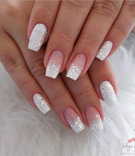 Bridesmaids Nails, Nails For Bride, White And Silver Nails, Wedding Nails Glitter, Formal Nails, White Glitter Nails, Homecoming Nails Acrylic, Wedding Nails For Bride, Nails Wedding